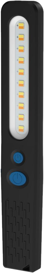 Eine schwarze LED-Arbeitsleuchte mit zwei blauen Knöpfen und einem weißen Lichtbalken.