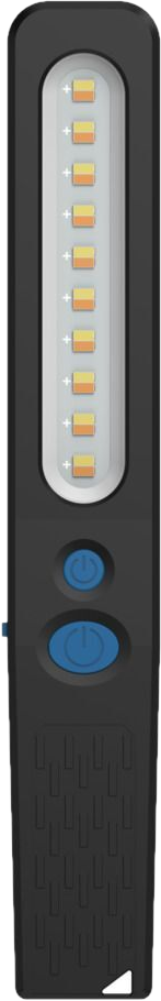 Schwarze und blaue LED-Arbeitsleuchte mit Knöpfen, Oberseite mit LED-Leuchten, Seitenansicht.