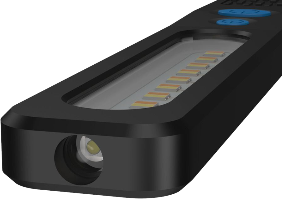 Schwarze Taschenlampe mit hellem Licht und transparentem Fenster mit LEDs.