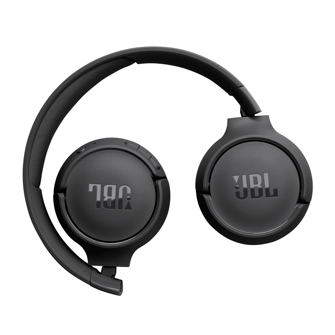 Schwarze JBL-Kopfhörer zusammengeklappt, JBL-Logo sichtbar.