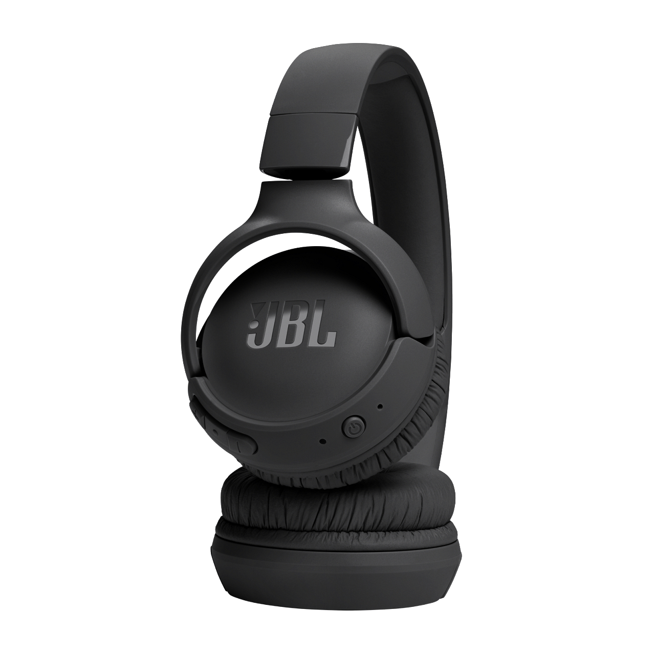 Schwarze JBL-Kopfhörer, angewinkelt, mit Logo und Ohrpolster.