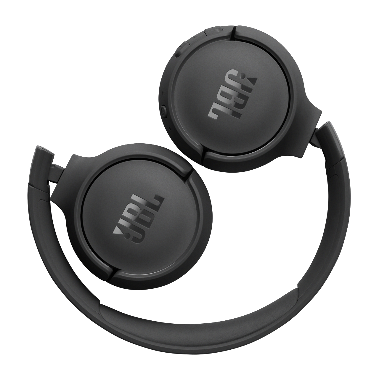 Schwarze JBL-Kopfhörer, zusammengeklappt. Die Ohrmuscheln sind sichtbar und zeigen das JBL-Logo.