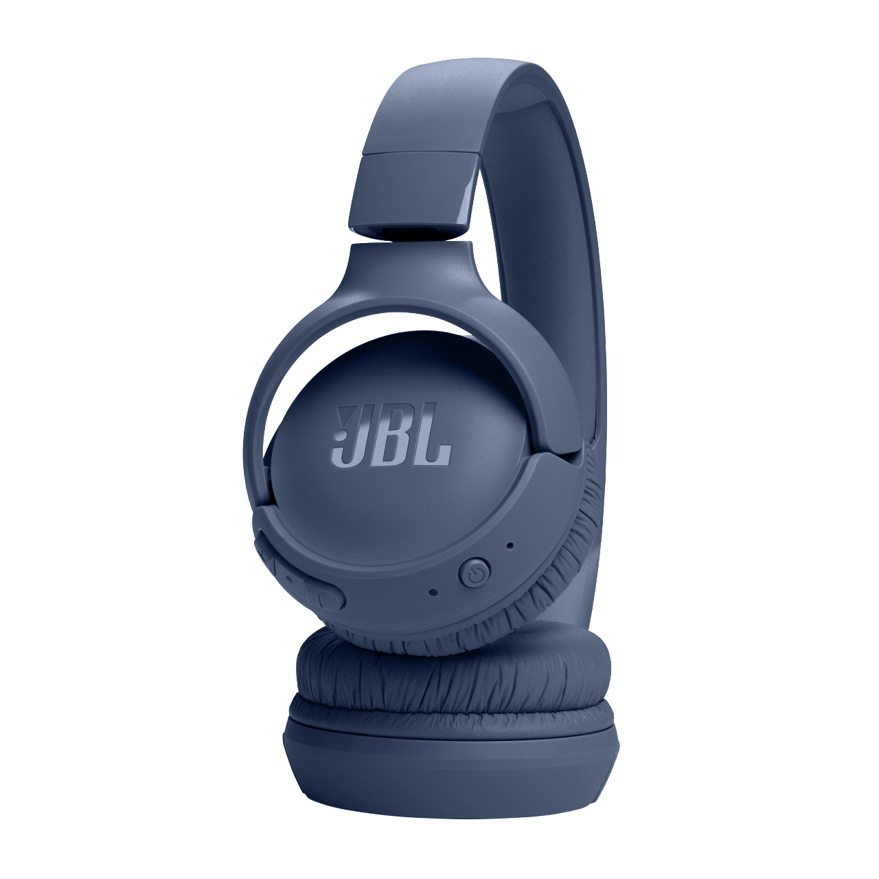 Dunkelblaue JBL-Kopfhörer. Eine Seitenansicht zeigt die Ohrmuscheln, das Kopfband und das Logo.