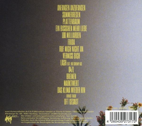 Albumcover. Text listet Songtitel auf Deutsch vor goldenem und grauem Hintergrund, mit floralen Details.