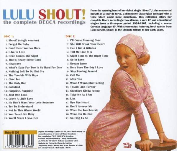 Lulu Shout! Albumcover mit Foto von Lulu, der Künstlerin, und Text, der das Album beschreibt.
