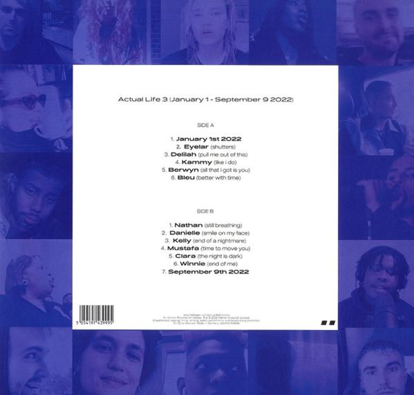 Albumcover mit Titelliste. Es enthält eine Liste von Songs und ein Foto einer Person.