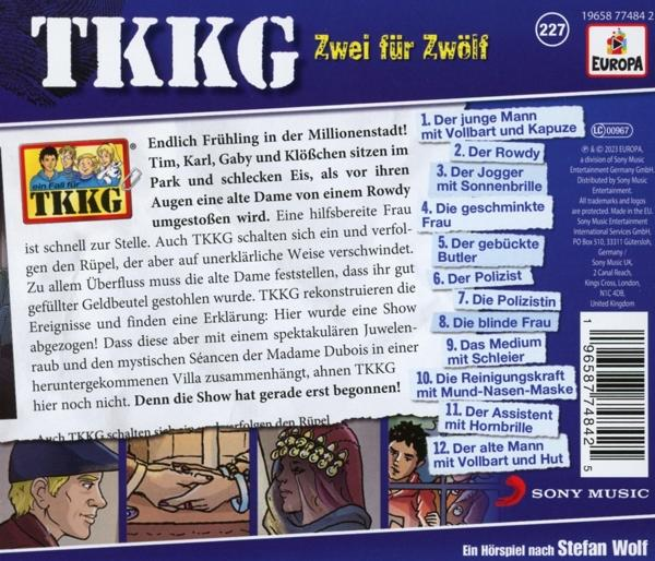 Rückseite eines TKKG-Hörbuchs. Enthält Titel, Charakterillustrationen und Text.