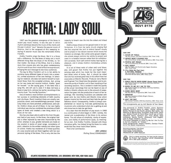 Schallplattencover für Aretha Franklin: 'Aretha: Lady Soul'. Text und Bild von Aretha.