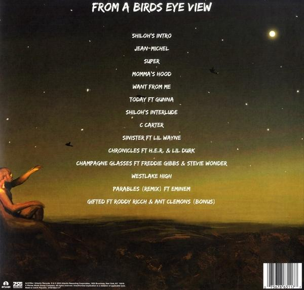 Albumcover mit Nachthimmel, Songtiteln und einer Figur unten. Der Mond ist rechts sichtbar.