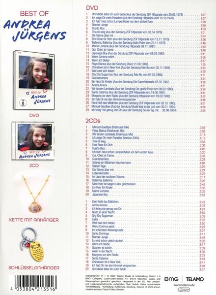 Ein DVD- und 2CD-Set mit Andrea Jürgens, Halskette und Schlüsselanhängern werden gezeigt.
