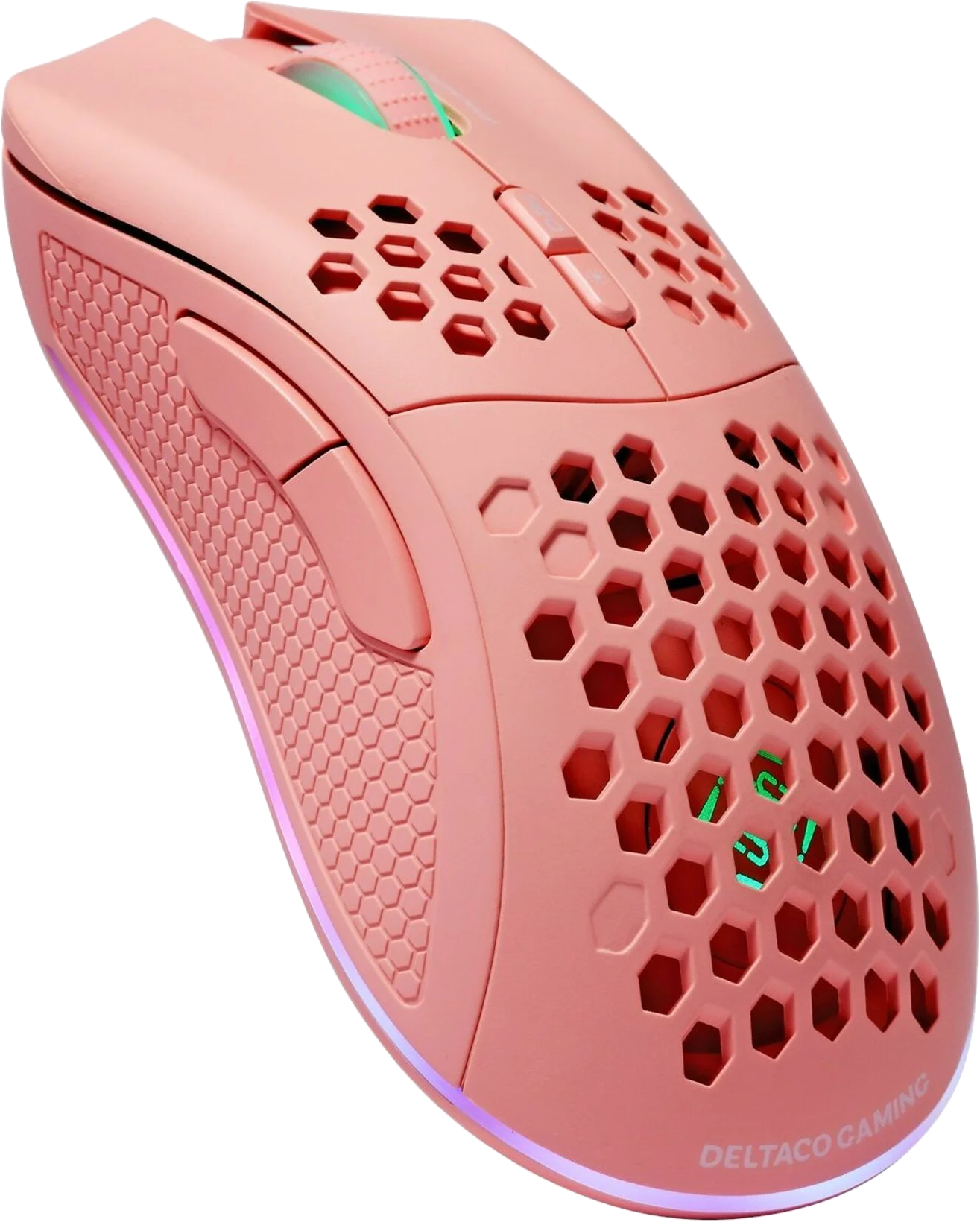 Pinke Gaming-Maus mit Wabenmuster. Mit Tasten, Scrollrad und leuchtenden Lichtern.