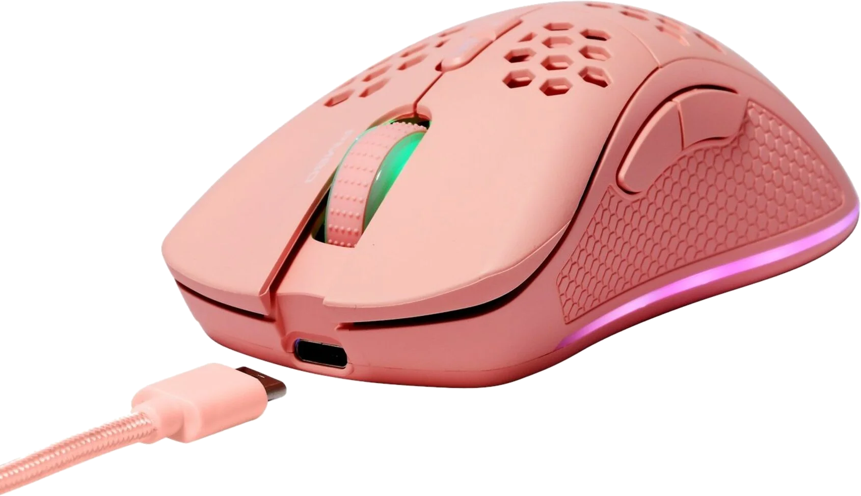 Rosa Gaming-Maus mit USB-C-Kabel. Die Maus hat ein Scrollrad und Seitentasten.