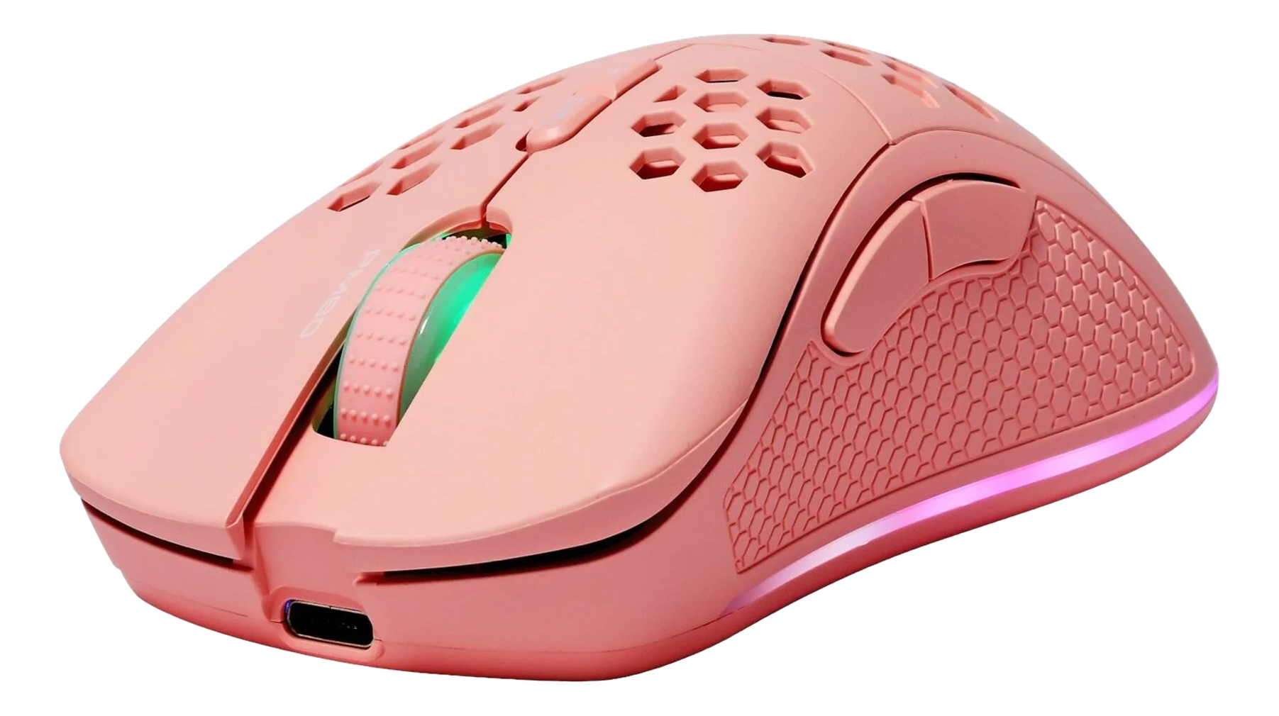 Rosa Gaming-Maus, beleuchtet in verschiedenen Farben. Wabenmuster und mehrere Tasten sind sichtbar.