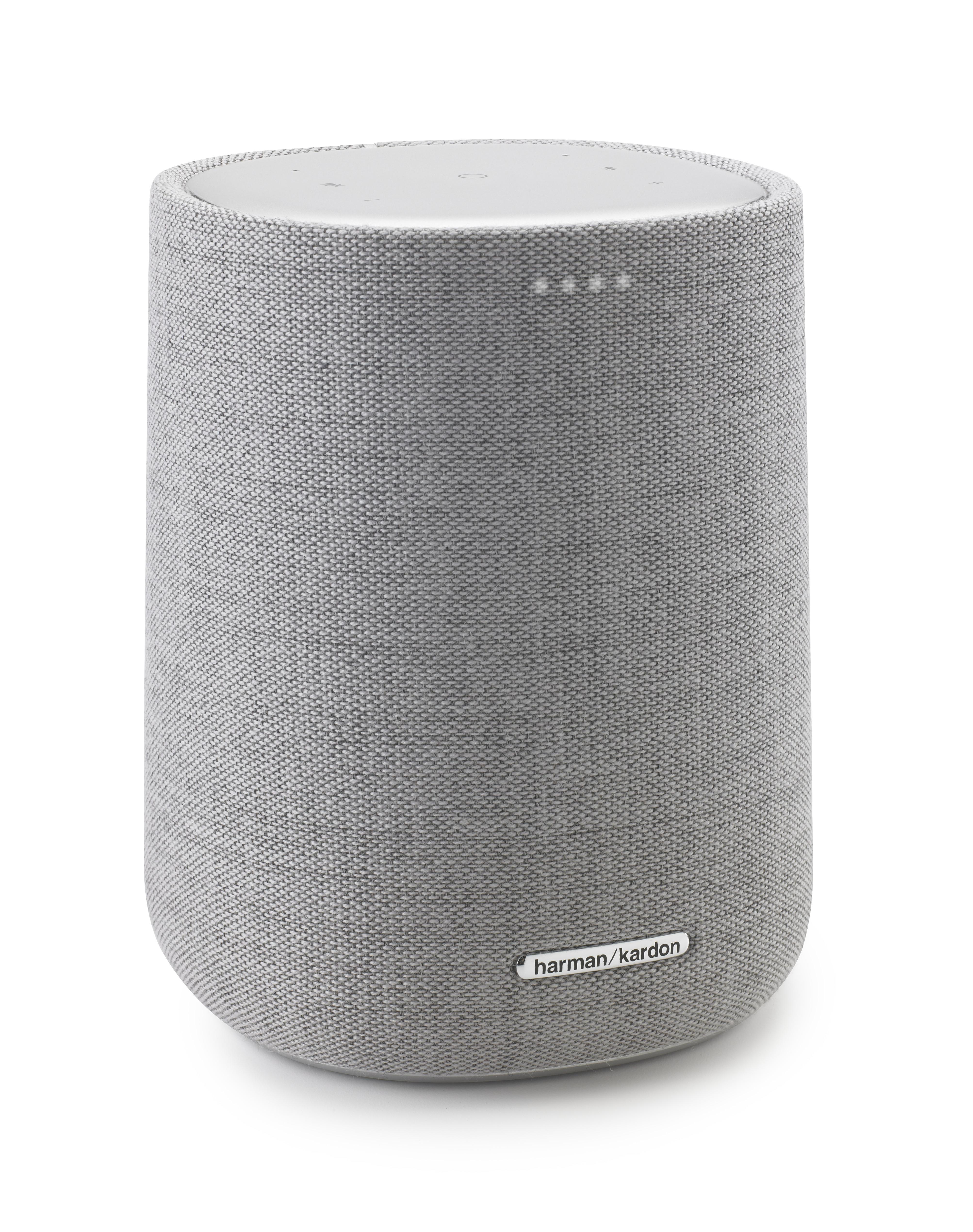 Ein hoher, zylindrischer grauer Lautsprecher mit stoffartiger Textur. Der Lautsprecher hat das Harman Kardon Logo.