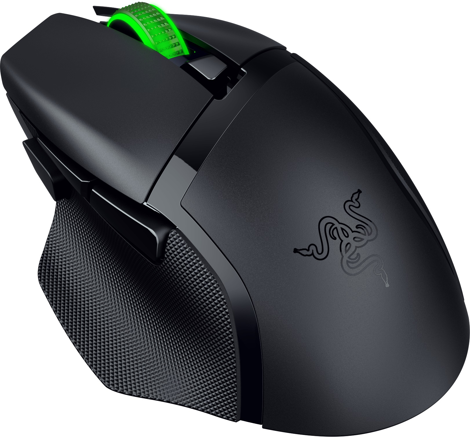 Schwarze Gaming-Maus mit grünem Scrollrad, Razer-Logo und strukturierter Grifffläche an der Seite.