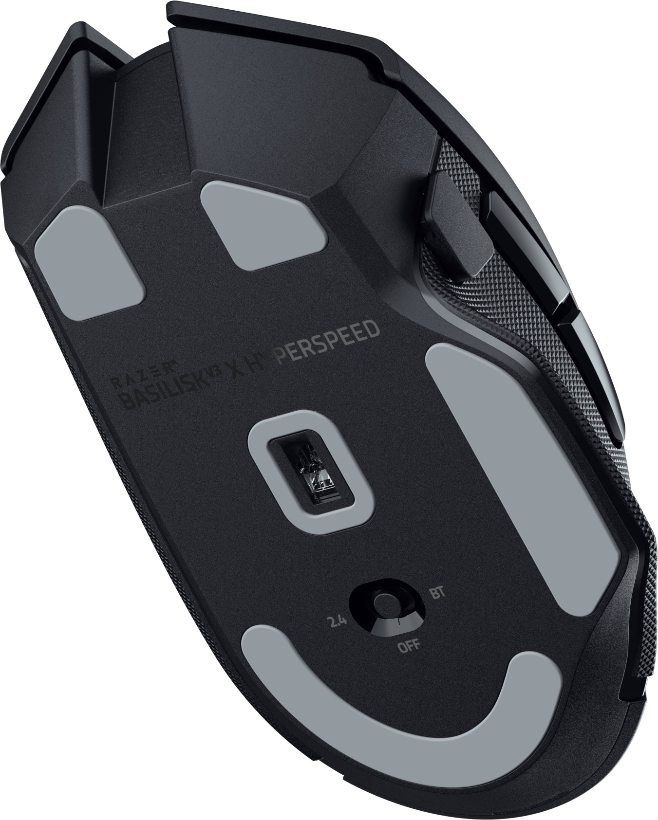 Schwarze Gaming-Maus, Unteransicht. Razer Basilisk V3 X Hyperspeed. Graue Pads und Taste.