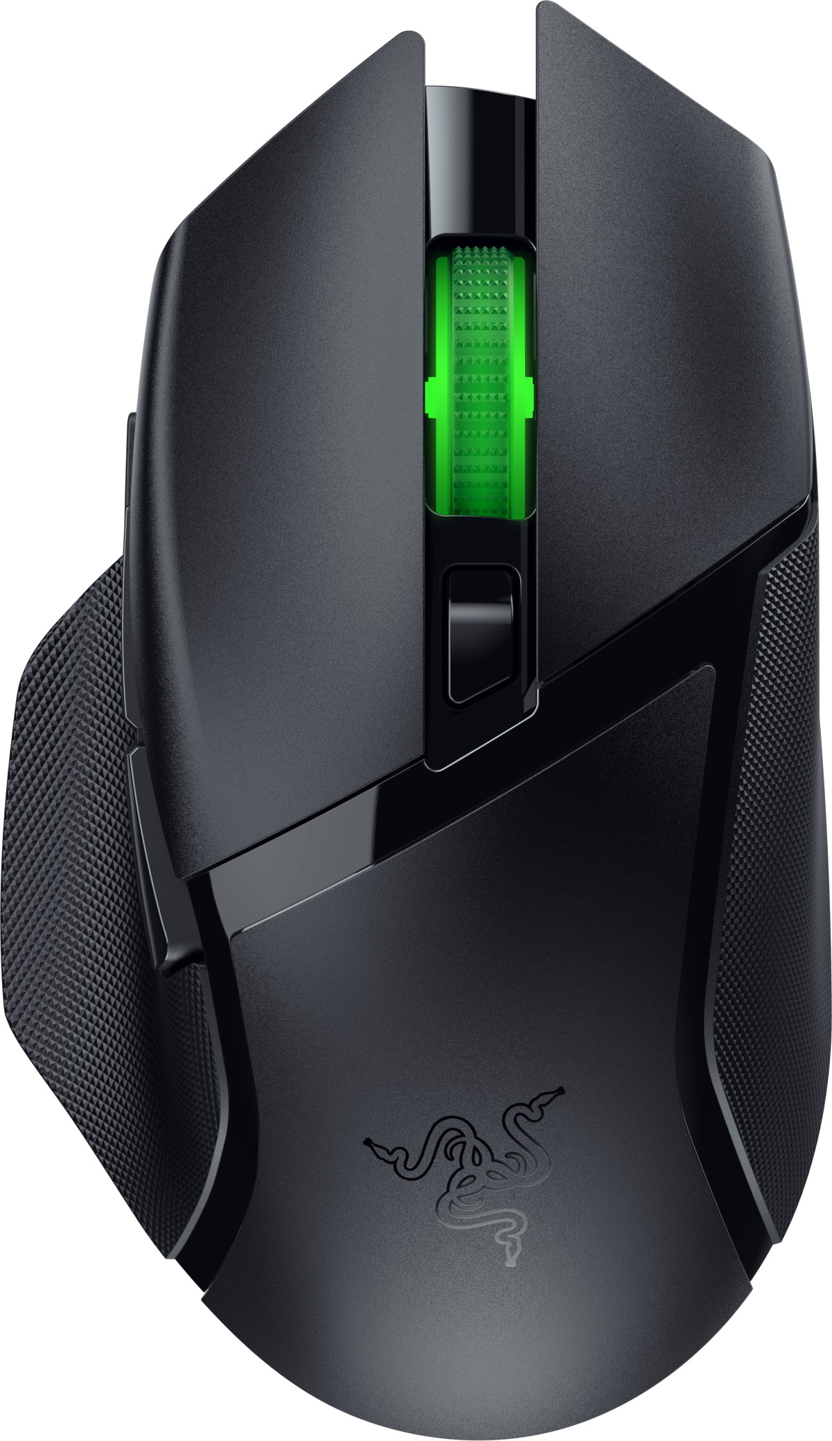 Eine schwarze Gaming-Maus mit grünem Licht und Logo auf weißem Hintergrund.