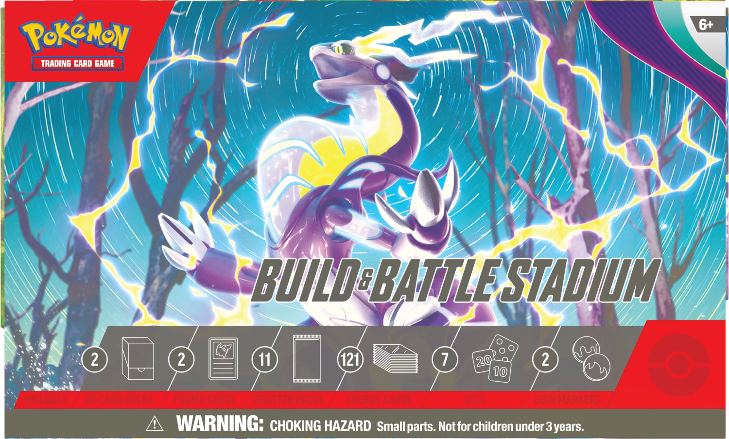 Pokemon Build & Battle Stadium box met kaarten en accessoires. Bevat een waarschuwingslabel.