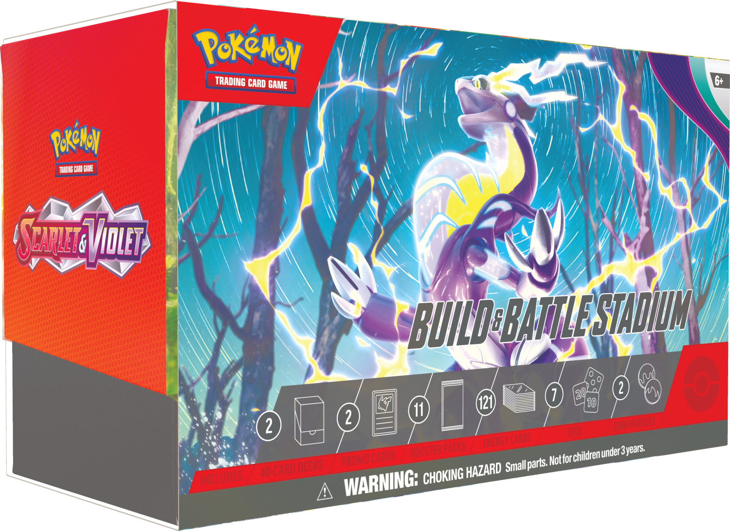 Pokémon Scarlet en Violet Build & Battle Stadium doos. Bevat Pokémon, kaarten en een waarschuwingslabel.
