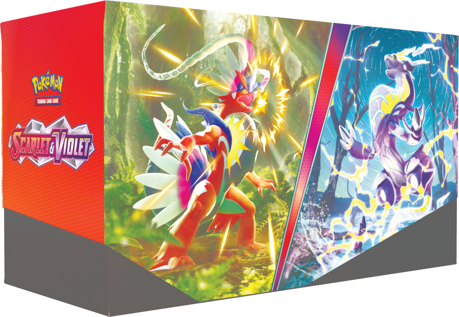 Een box art voor een Pokémon Scarlet & Violet product. Het toont verschillende personages en scènes.