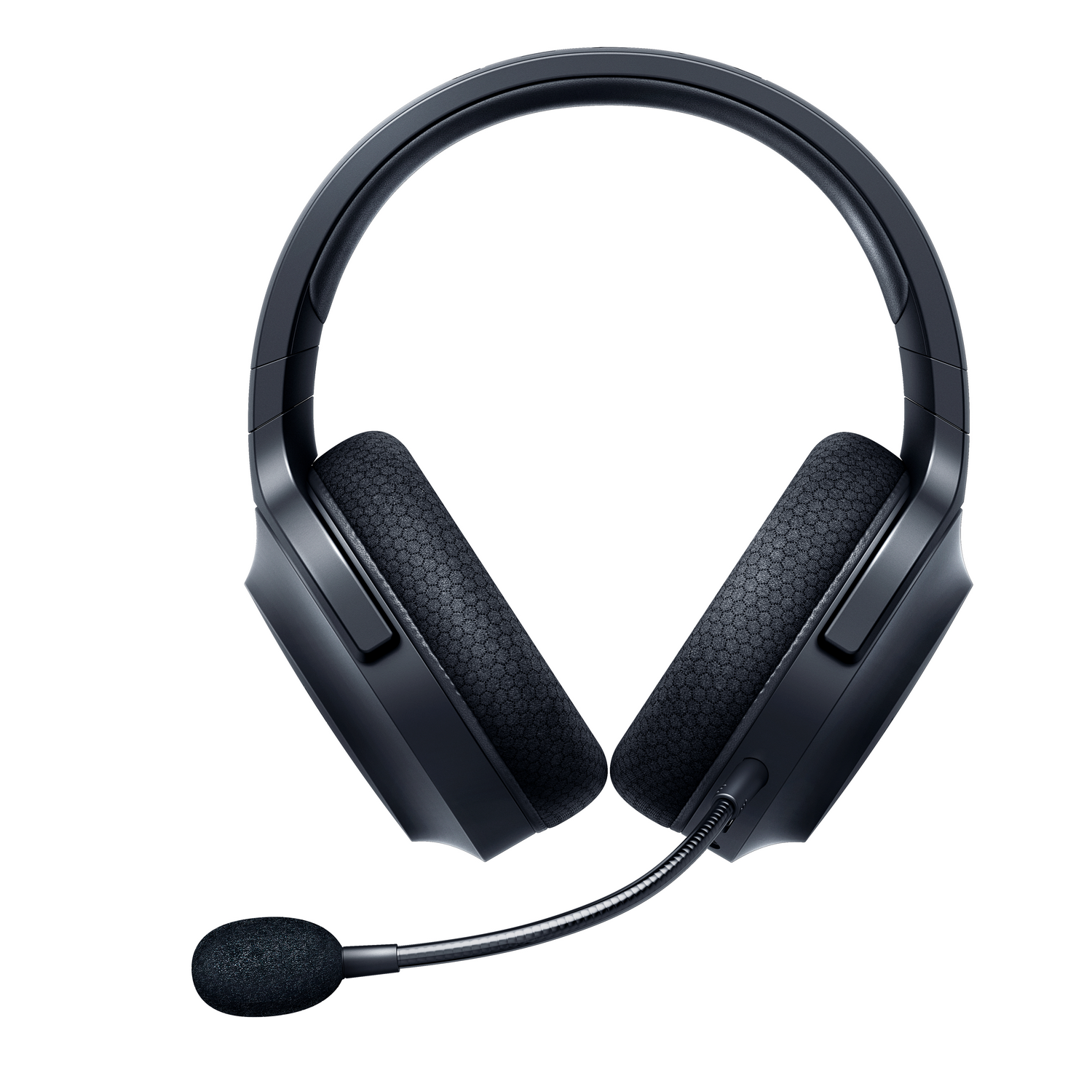 Zwarte headset met een microfoon, op een witte achtergrond.