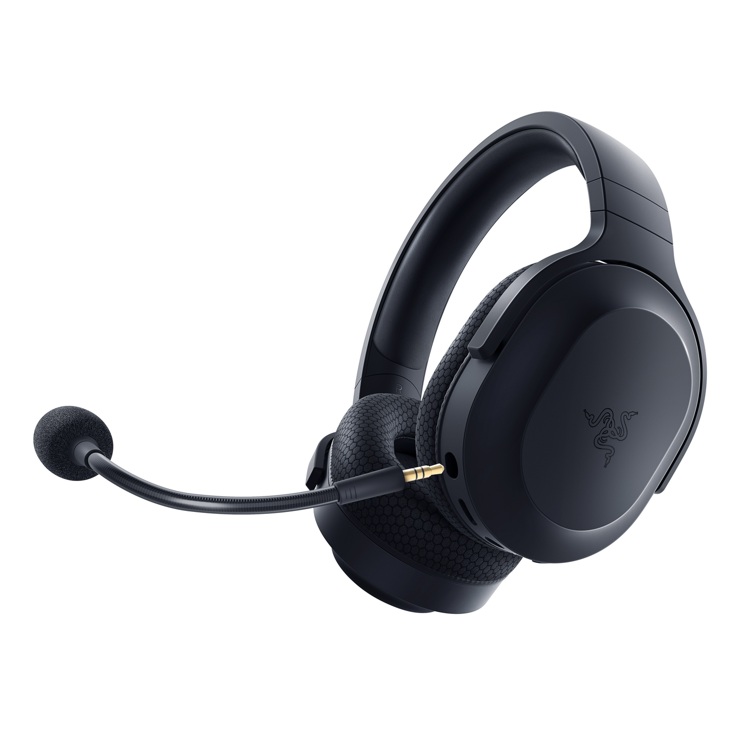 Zwarte Razer gaming headset met microfoon, op een witte achtergrond.
