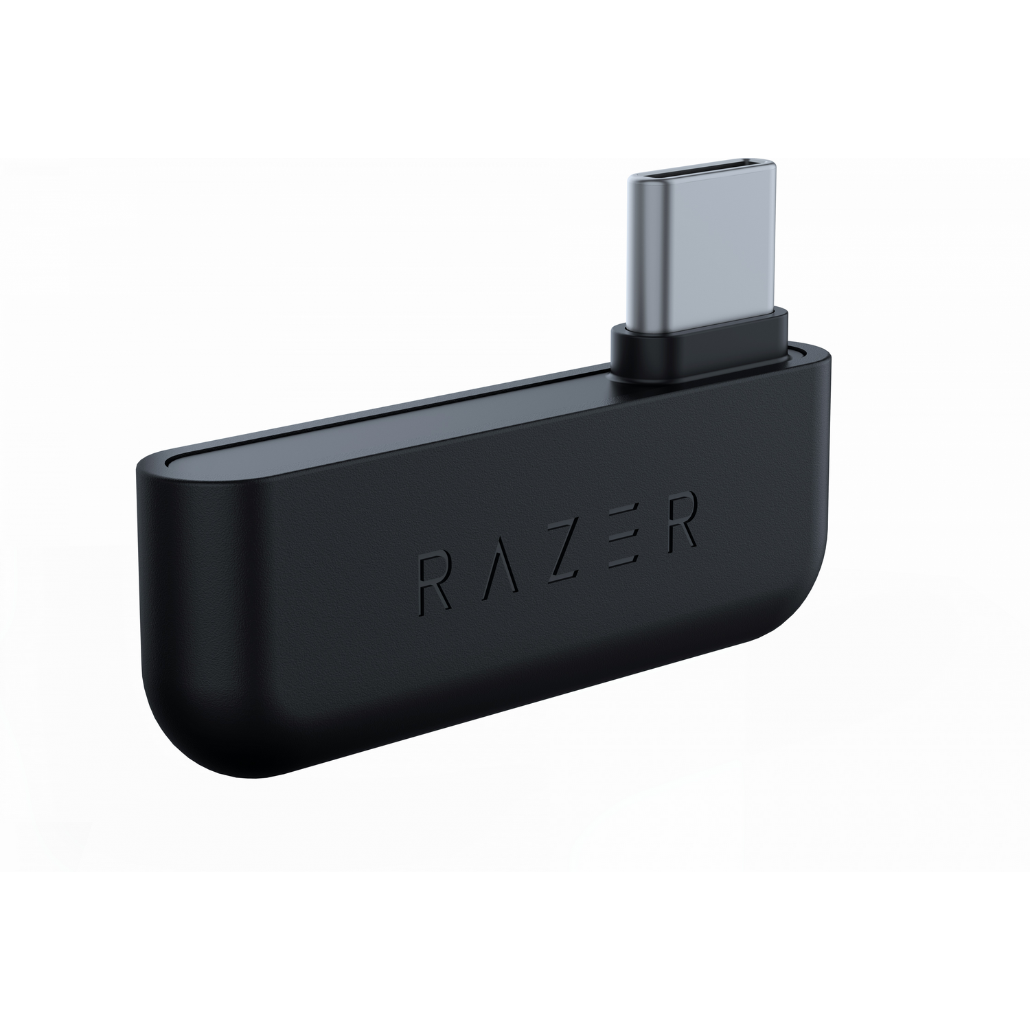 Zwarte Razer USB-C adapter, schuin, op witte achtergrond.