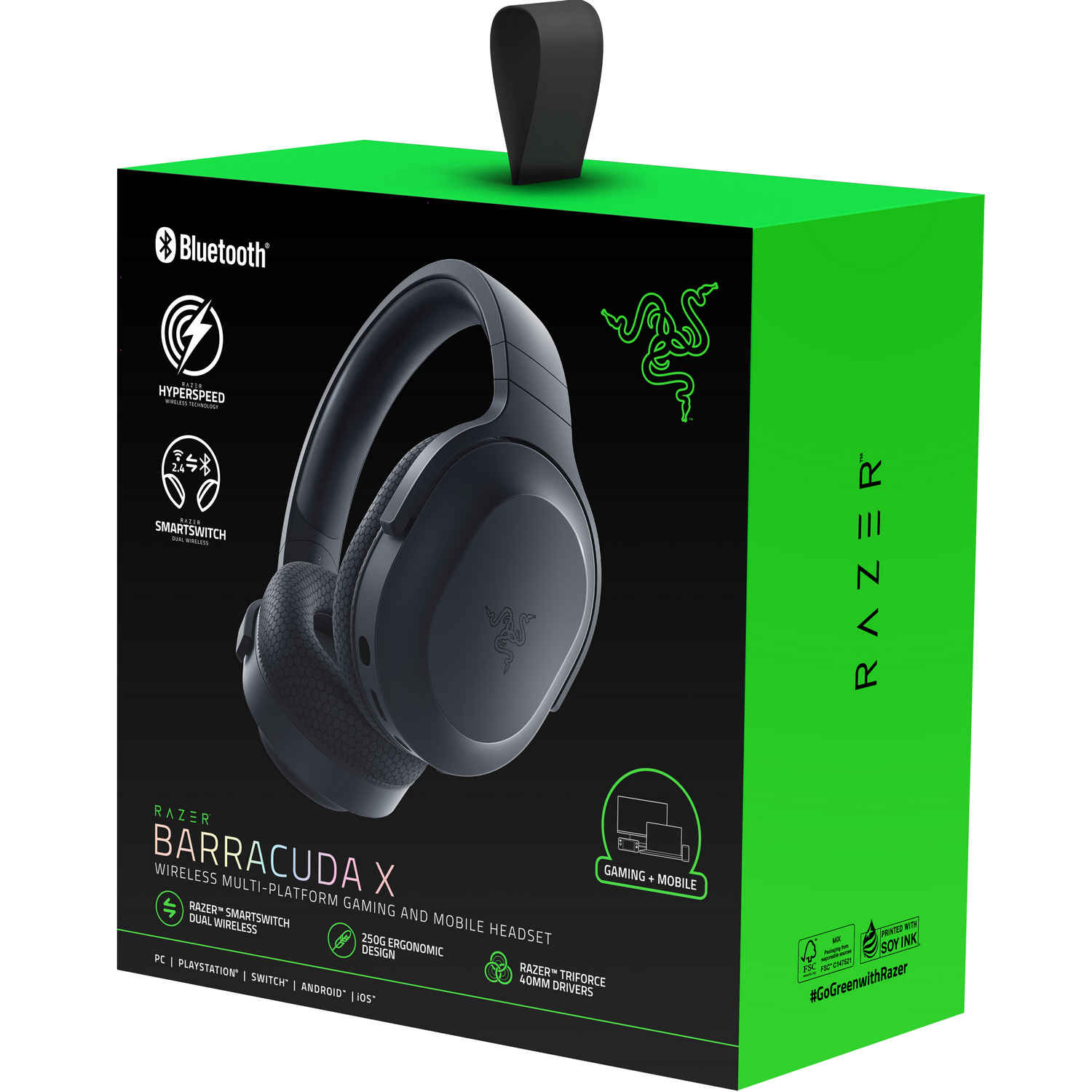 Een groene en zwarte Razer Barracuda X gaming headset doos met afbeeldingen en tekst.