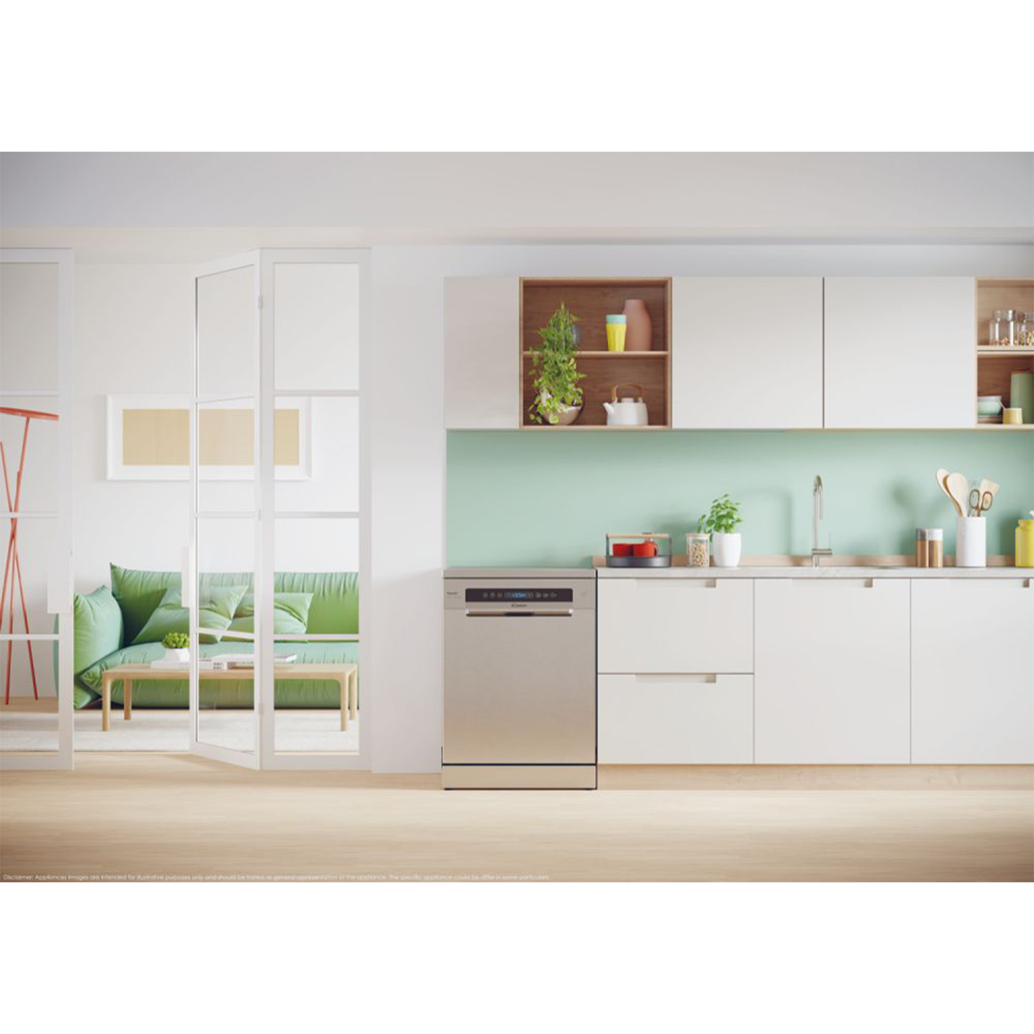 Cucina moderna con mobili bianchi, lavastoviglie e dettagli verdi. Soggiorno visibile.