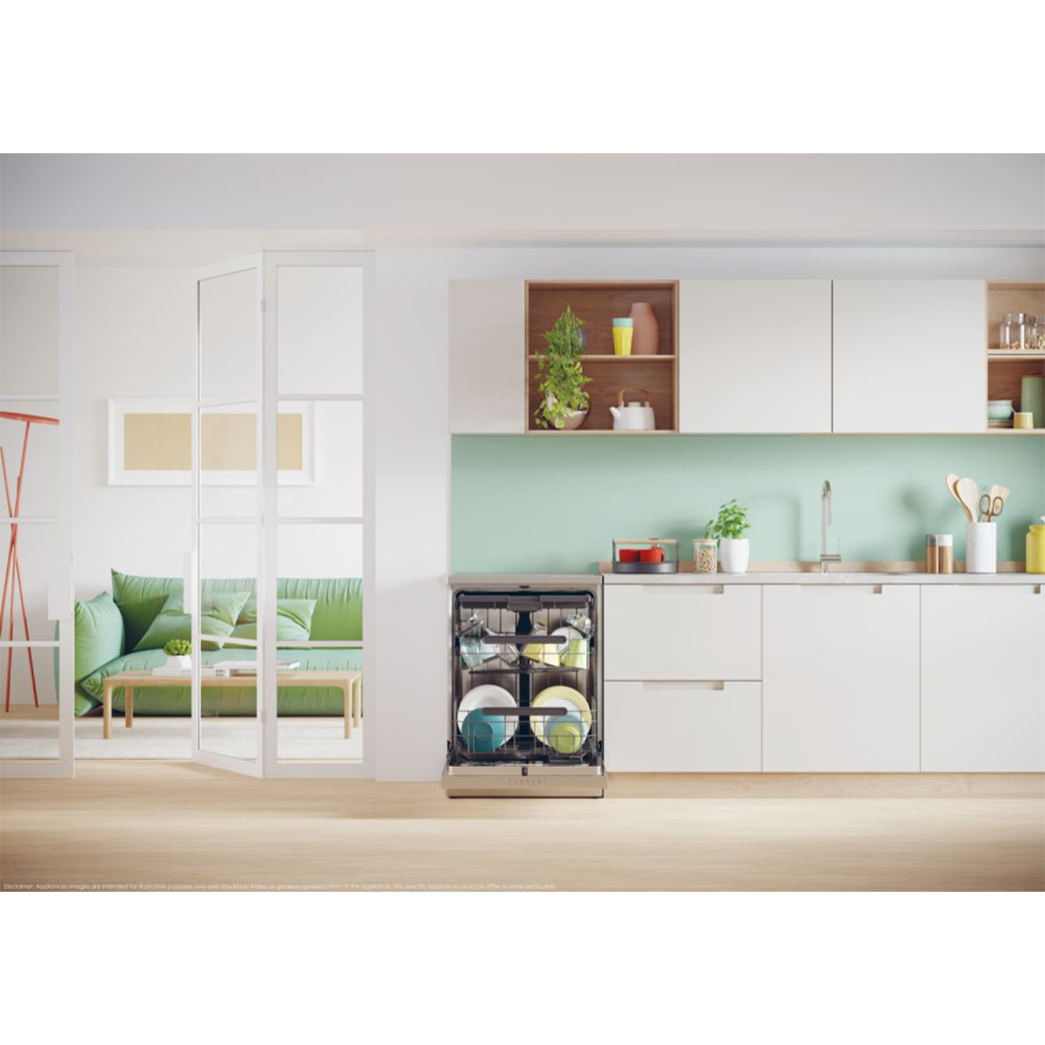 Cucina moderna con lavastoviglie aperta, piatti visibili, e soggiorno sullo sfondo.
