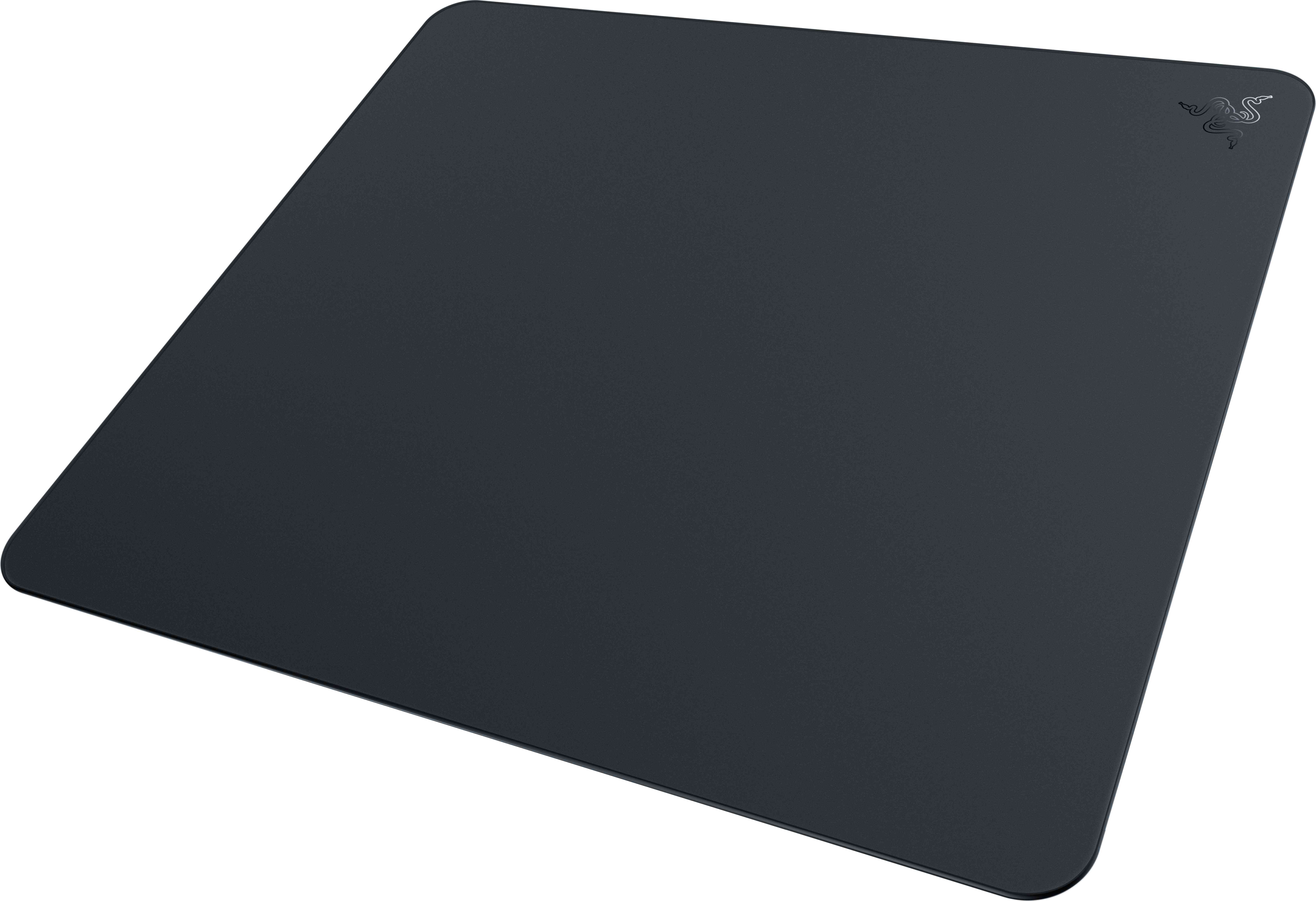 Tapis de souris noir avec le logo Razer dans le coin. C'est sur fond blanc.