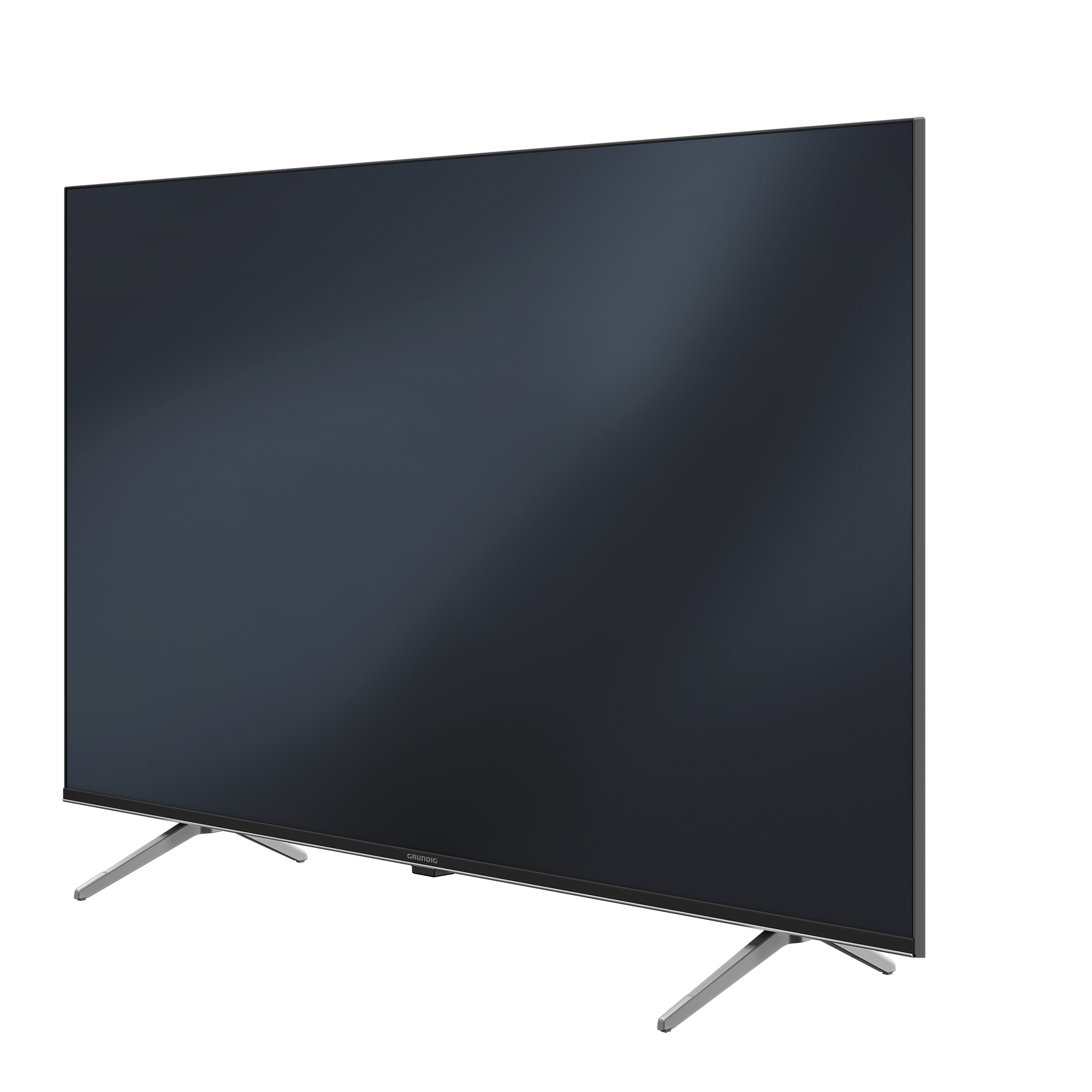Siyah bir arka plan üzerinde, açılı olarak görüntülenen büyük, modern bir Grundig TV. Gümüş ayaklar.