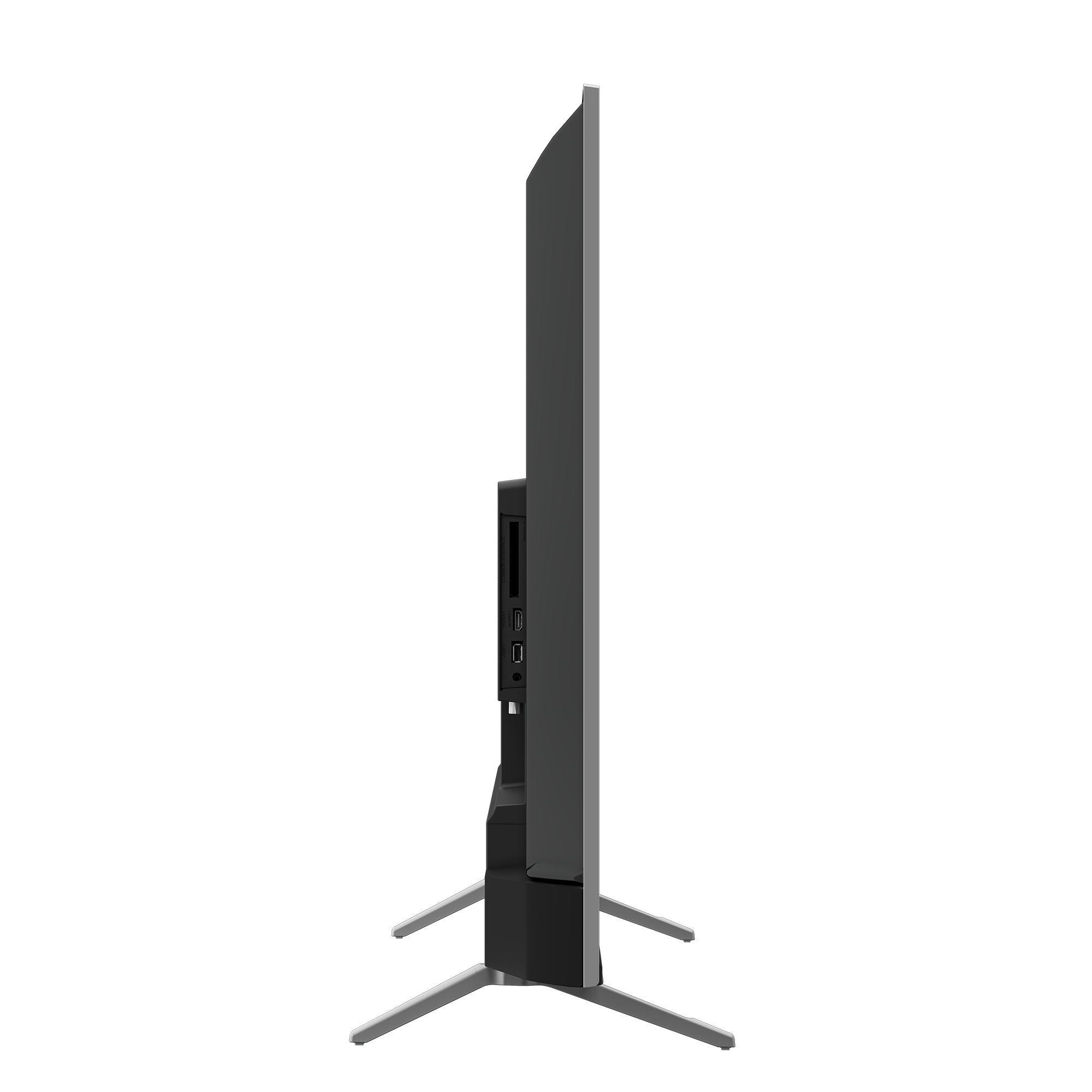Bir stand üzerinde bir TV'nin yan görünümü. Gümüş bir çerçeveye ve siyah bir arka kısma sahip.