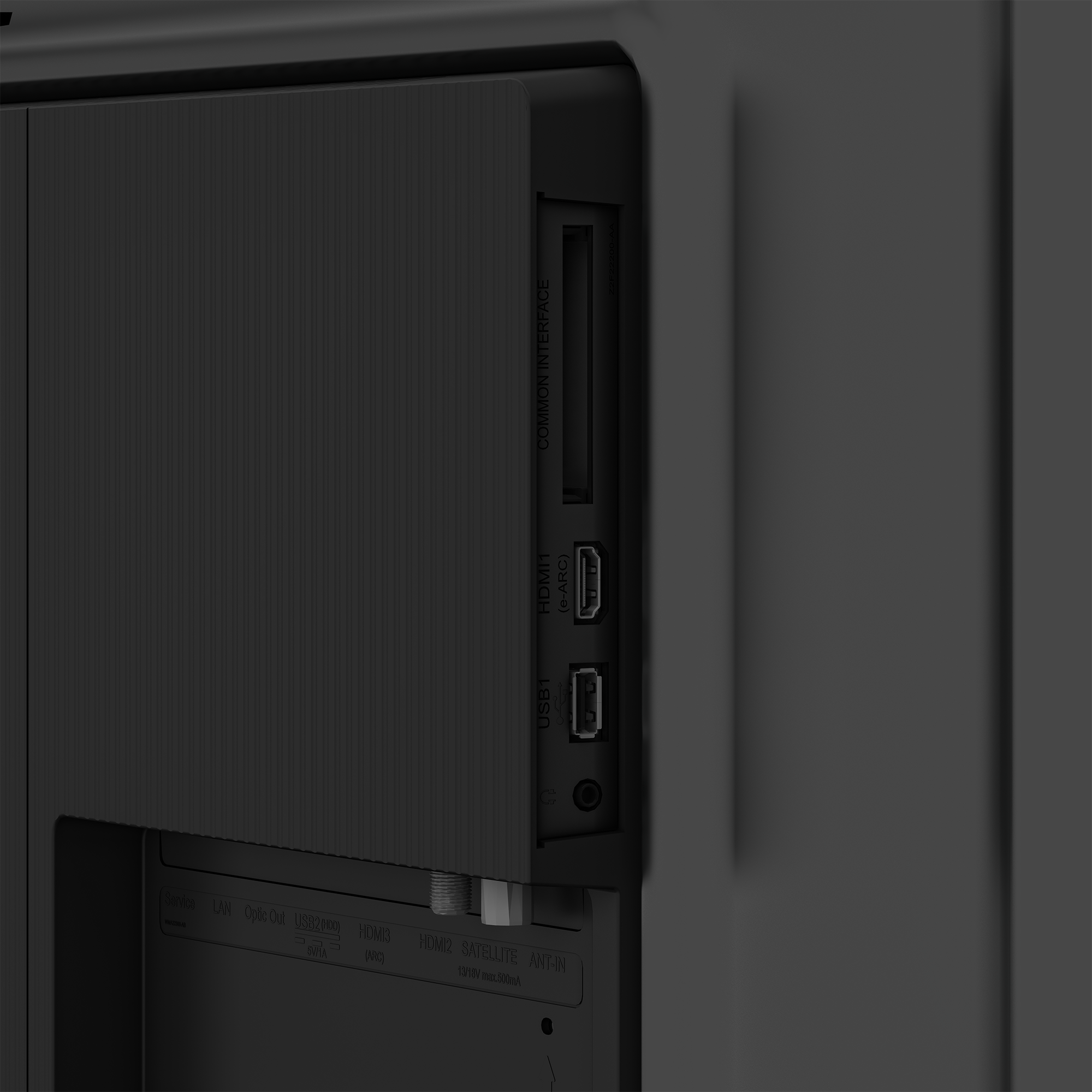 Siyah bir TV'nin arka yakınının, HDMI ve USB bağlantı noktaları dahil olmak üzere bağlantı noktalarını gösteren görüntüsü.