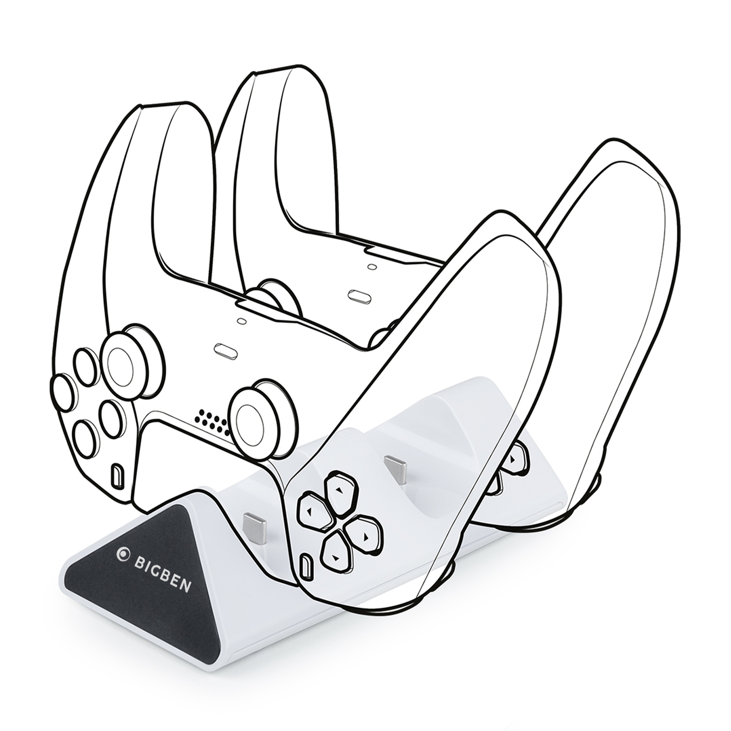 Stazione di ricarica per controller di gioco in bianco e nero. Due controller su base bianca con logo nero.