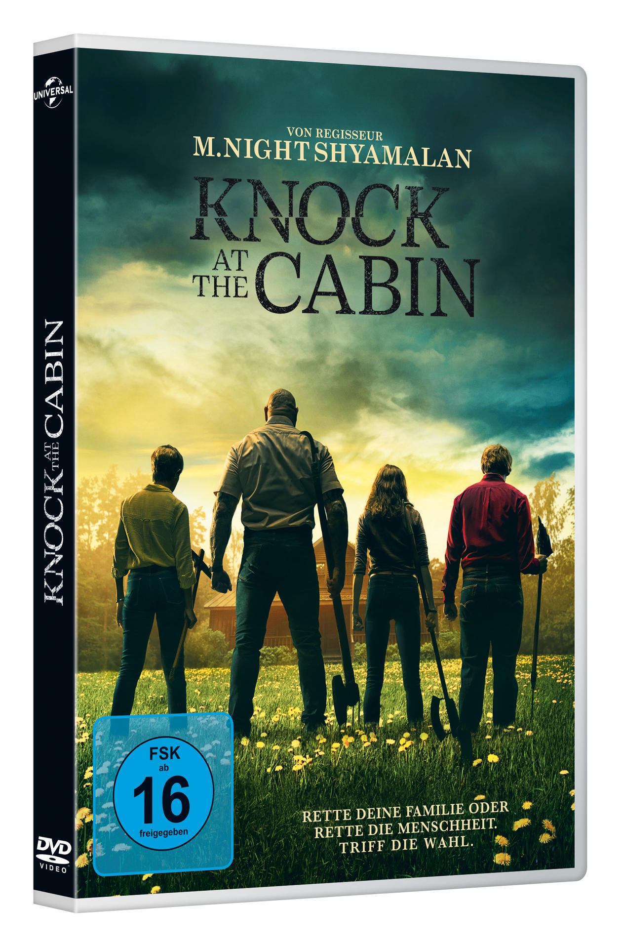 DVD-Cover für 'Knock at the Cabin'. Vier Personen vor einem Haus. Waldhintergrund. Bewertung: 16.