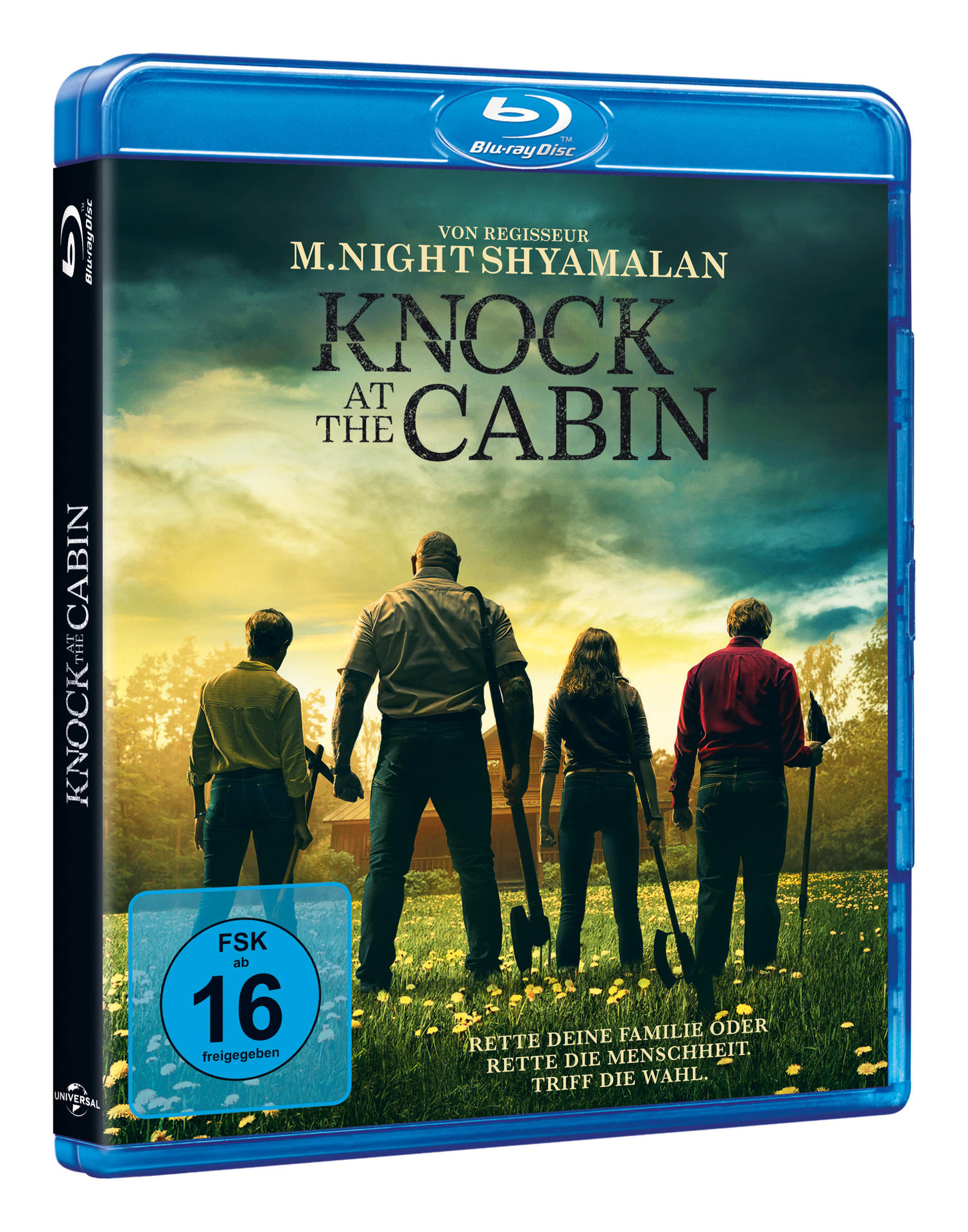 Blu-ray-Box des Films "Knock at the Cabin" mit Personen auf dem Cover.