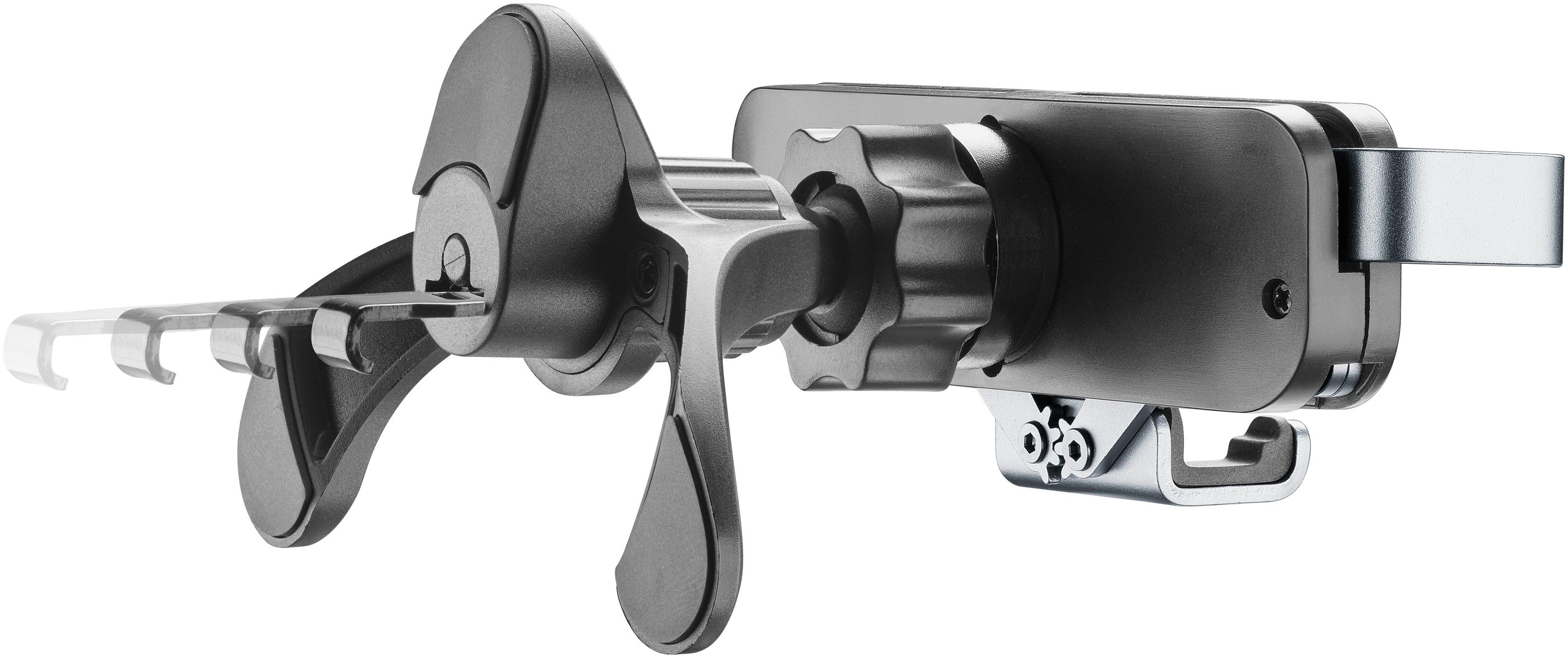 Ein metallischer Autoschließmechanismus mit Schlüssel und Drehknopf, der eine Ver- und Entriegelung zeigt.