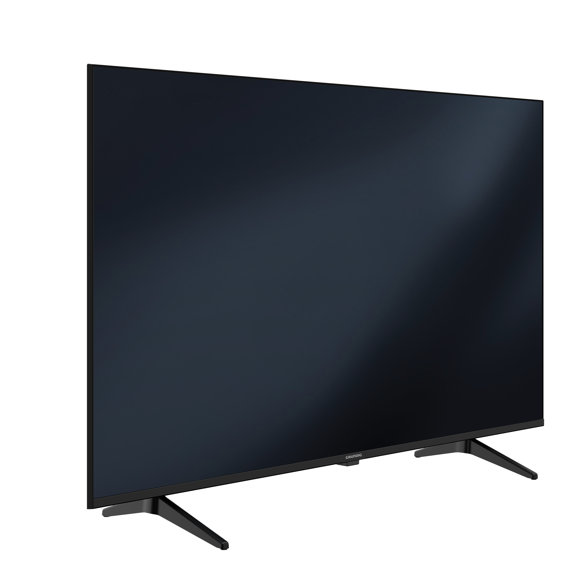 Siyah bir arka plan üzerinde hafifçe yana açılı siyah bir düz ekran TV. Ekran kapalı.