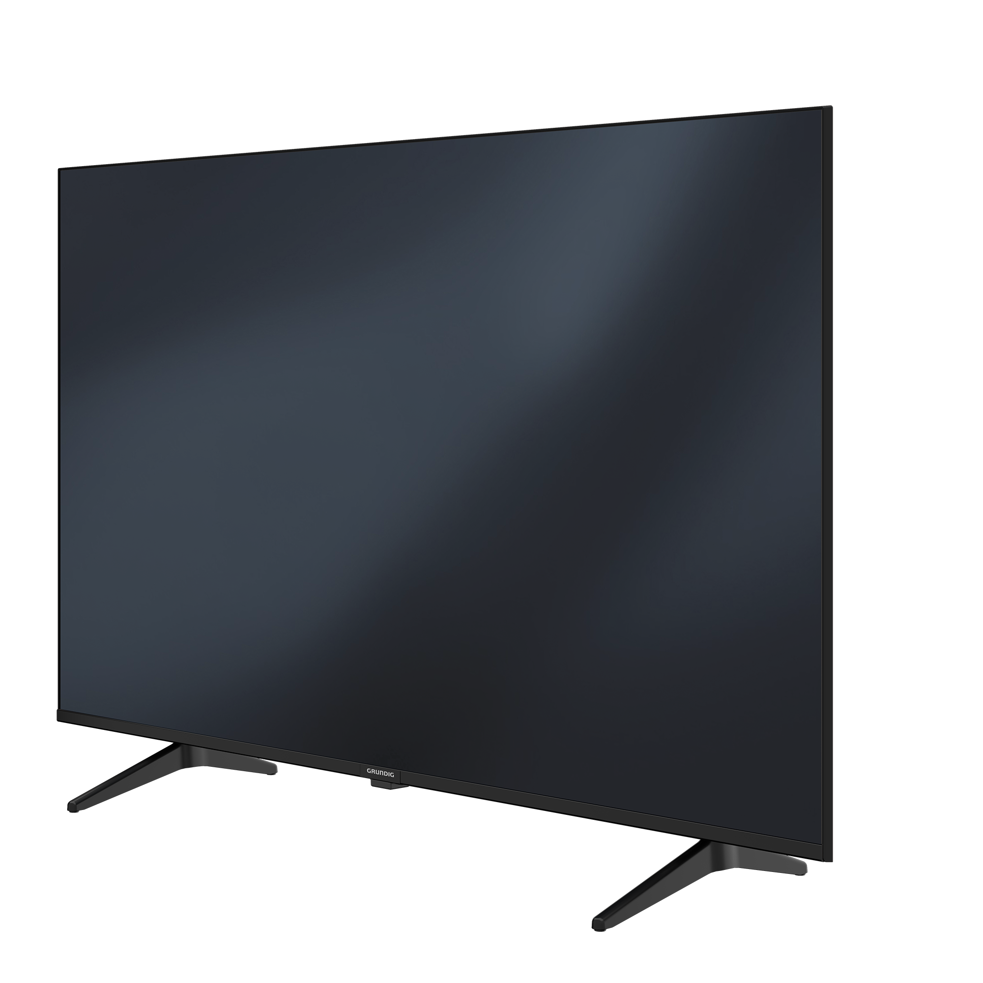 Siyah bir arka plan üzerinde hafifçe yana açılı siyah bir düz ekran TV. Ekran kapalı.