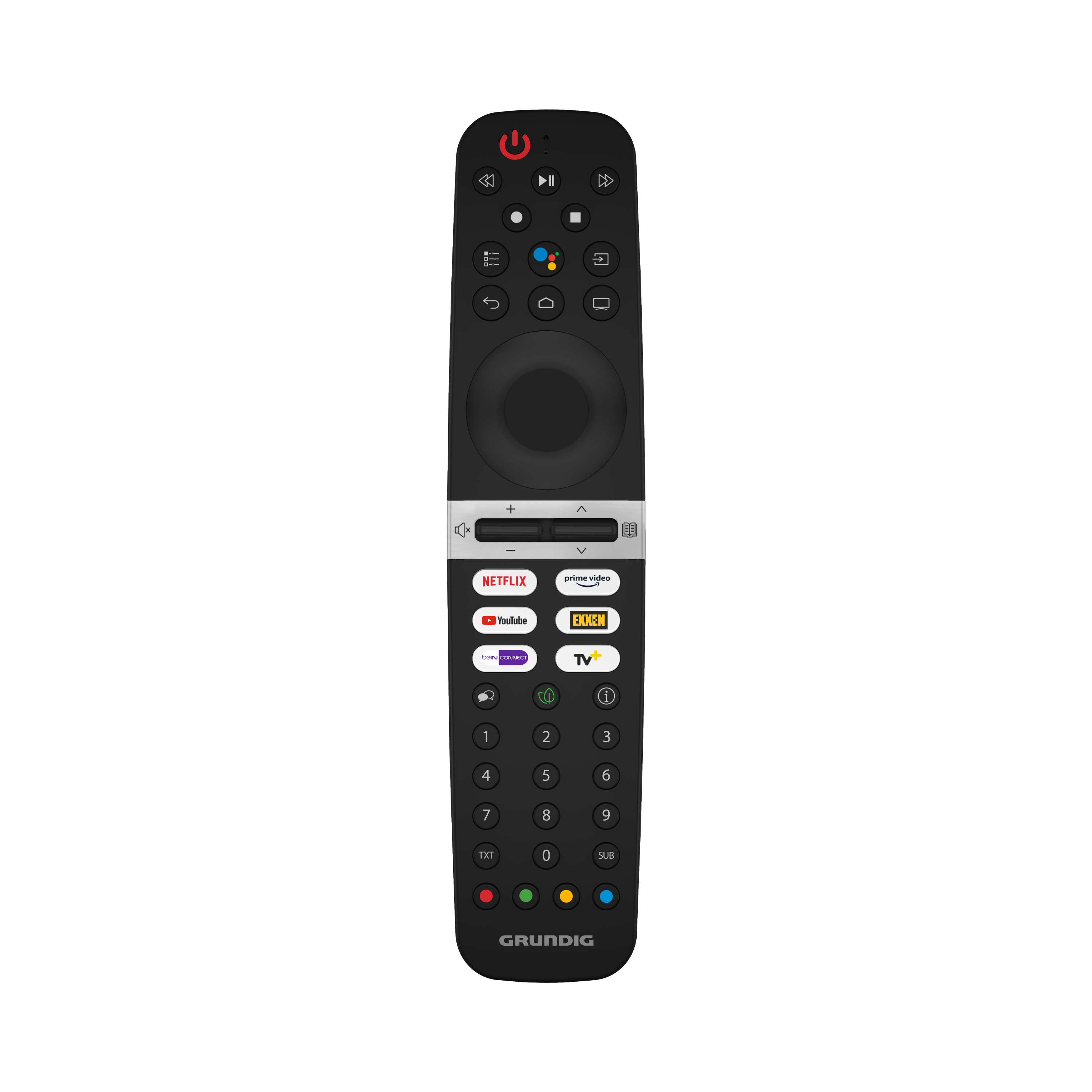 Siyah Grundig uzaktan kumandası, siyah arka planda çoklu düğmeler. Netflix ve Youtube düğmeleri görünür.