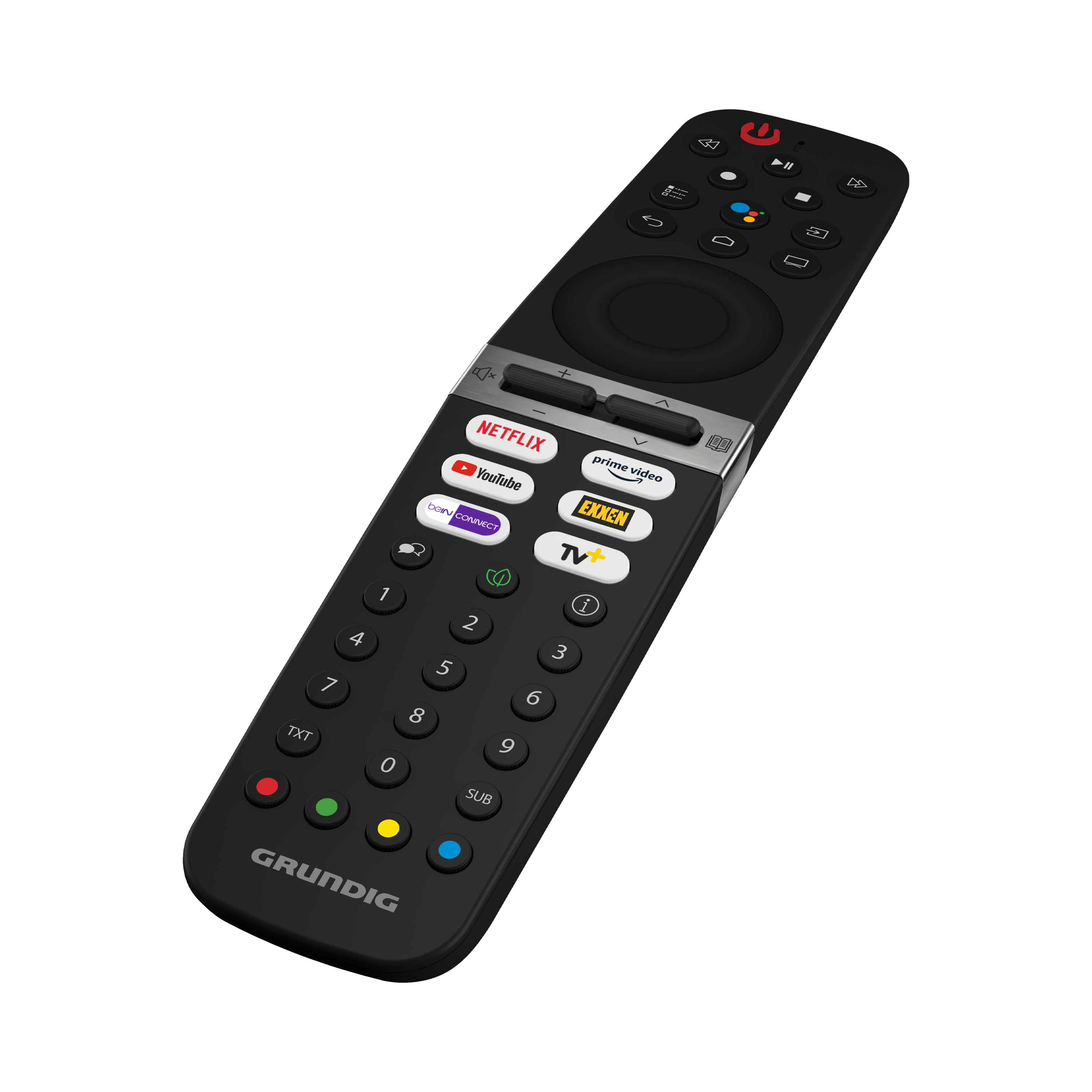 Siyah Grundig TV uzaktan kumandası. Netflix, YouTube ve Prime Video dahil birçok düğmesi var.