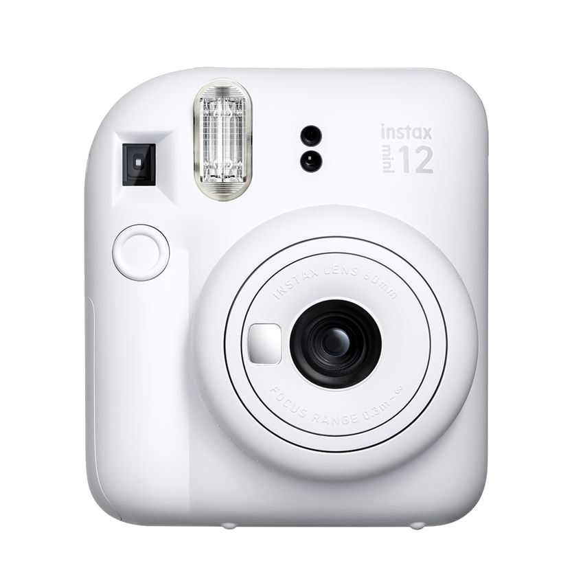 Beyaz anında fotoğraf makinesi, önden görünüm. Lens, flaş ve odak aralığı detayları görünür.