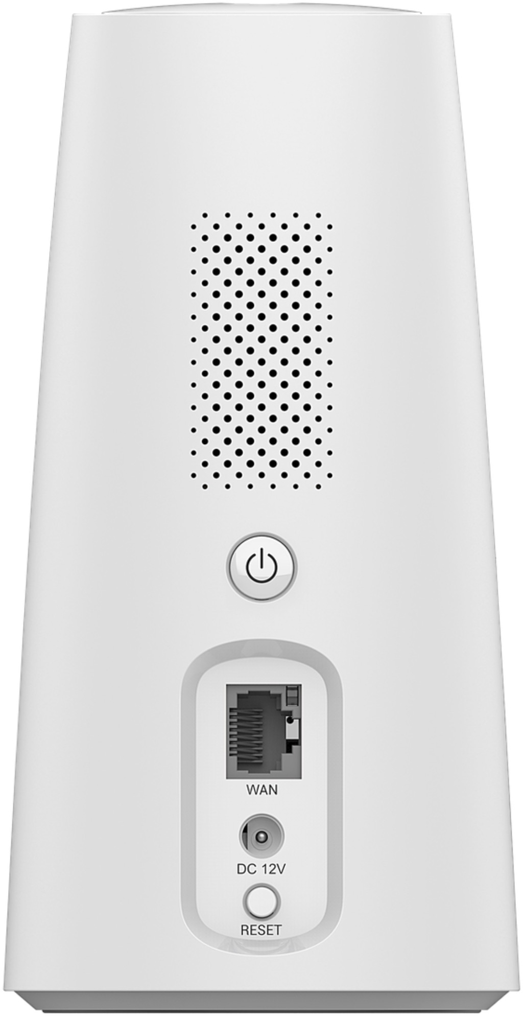 Routeur blanc avec des accents noirs. Bouton d'alimentation, port réseau et bouton de réinitialisation.