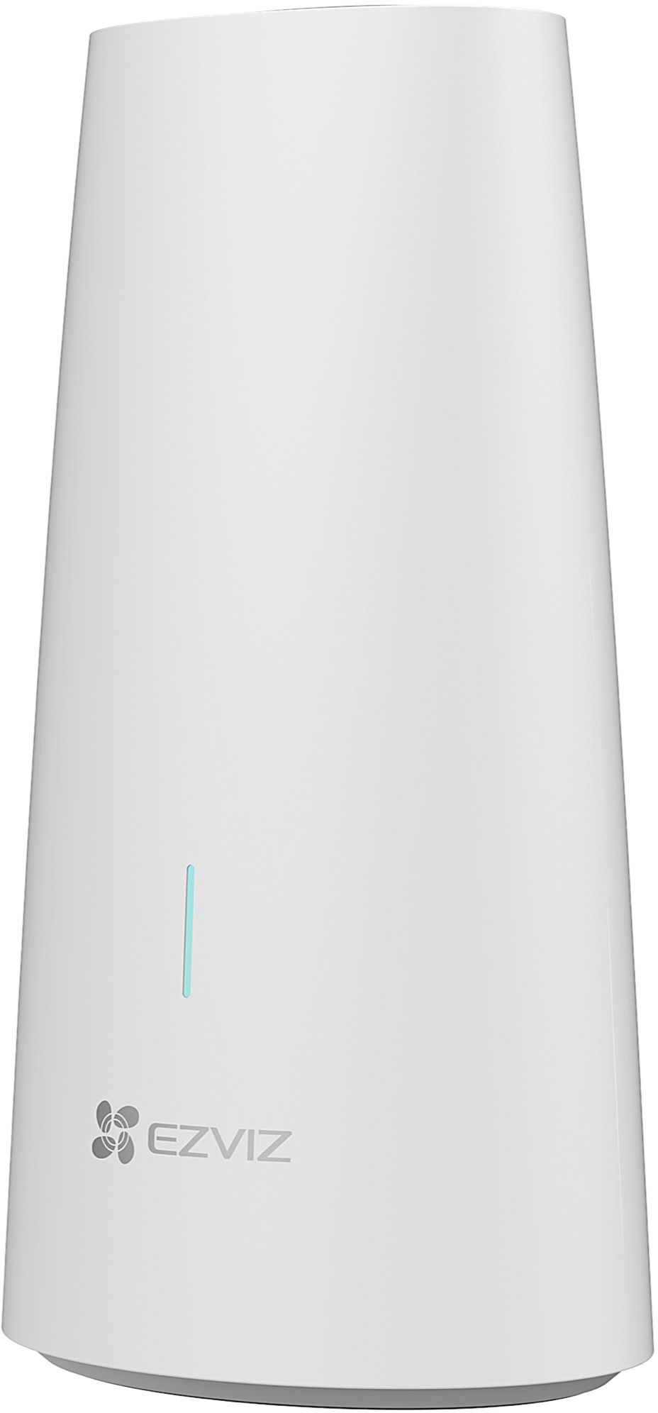 Un appareil EZVIZ blanc et cylindrique avec une lumière bleue et le logo EZVIZ.