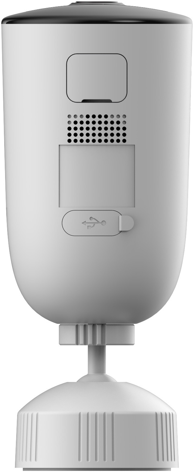 Appareil cylindrique blanc, avec un port USB et des trous pour haut-parleur, monté sur une base blanche.
