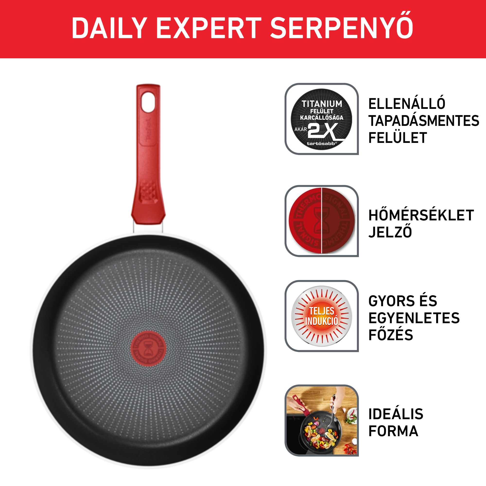 Egy serpenyő piros fogantyúval és ikonokkal jobbra.