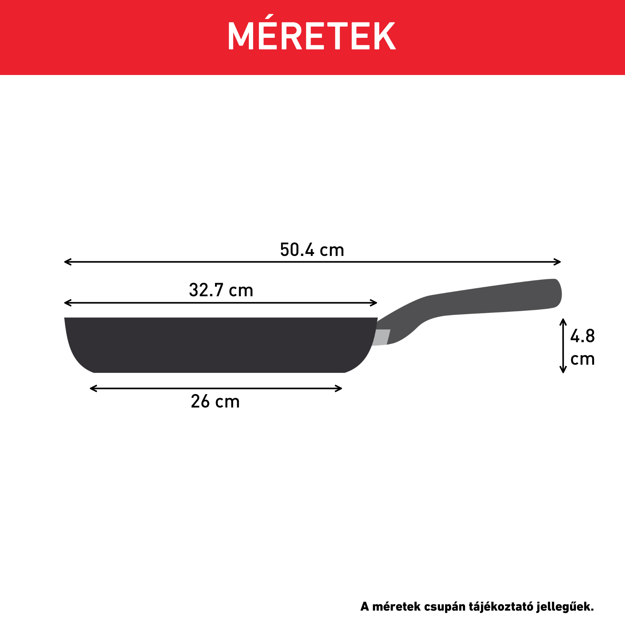 Fekete serpenyő fogantyúval. Mérési információk, fehér háttér.