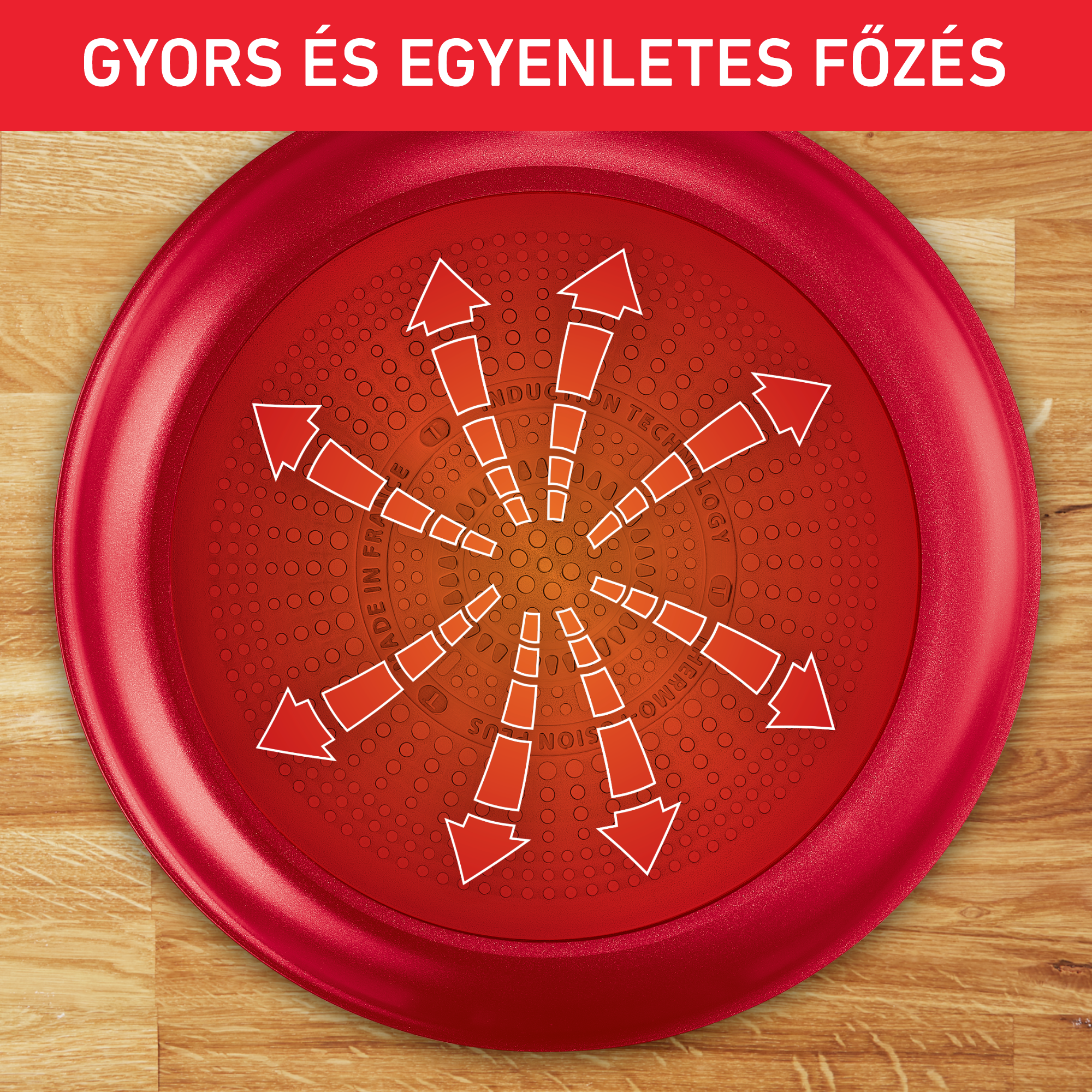 Piros serpenyő, középről kifelé mutató nyilakkal. Felül: 'GYORS ÉS EGYENLETES FŐZÉS'.