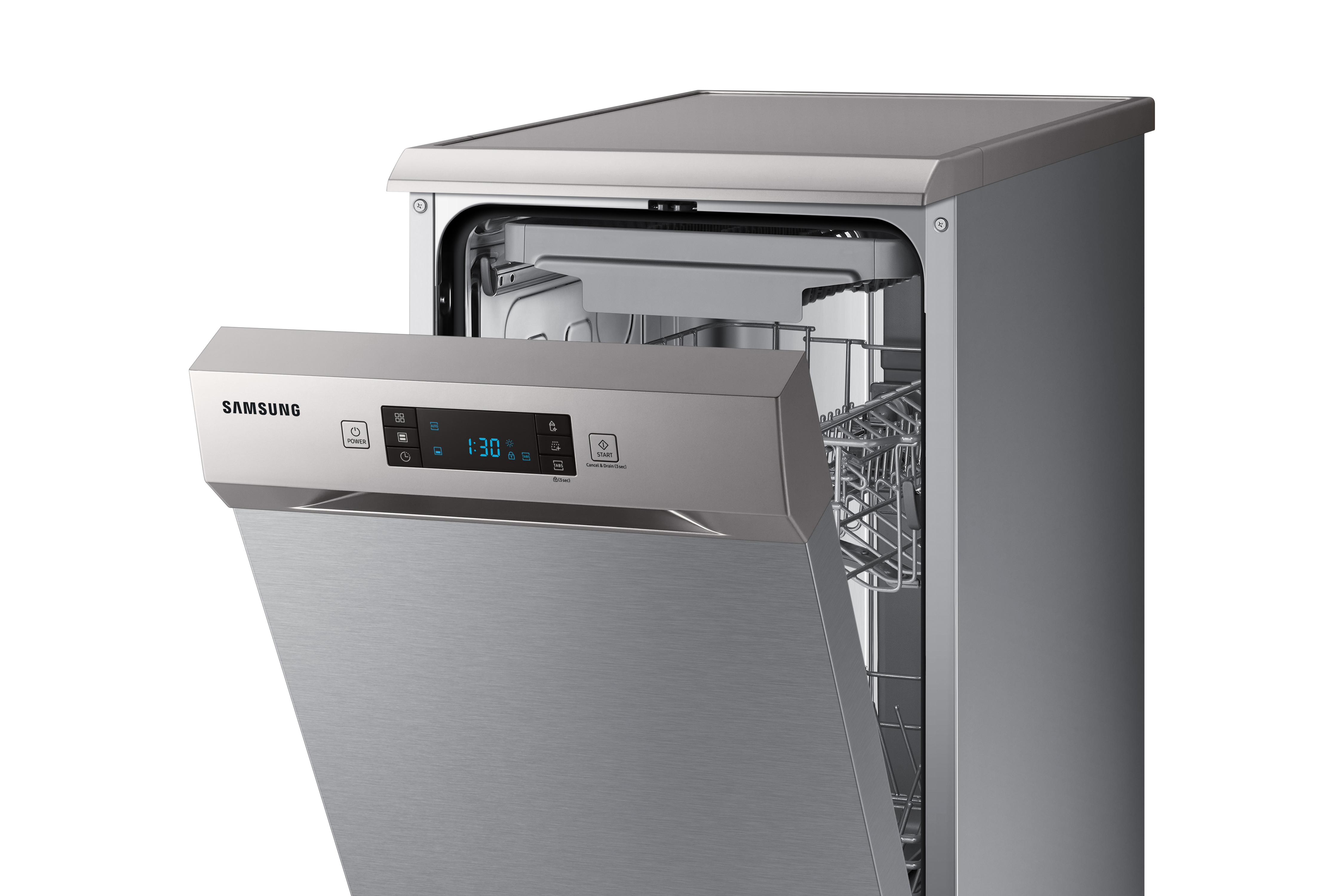 Primer plano de un lavavajillas Samsung plateado con la puerta abierta, mostrando el interior.
